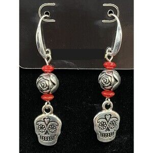 Sugar Skull & Rose with Red Bead Earrings by Neanie-Bot